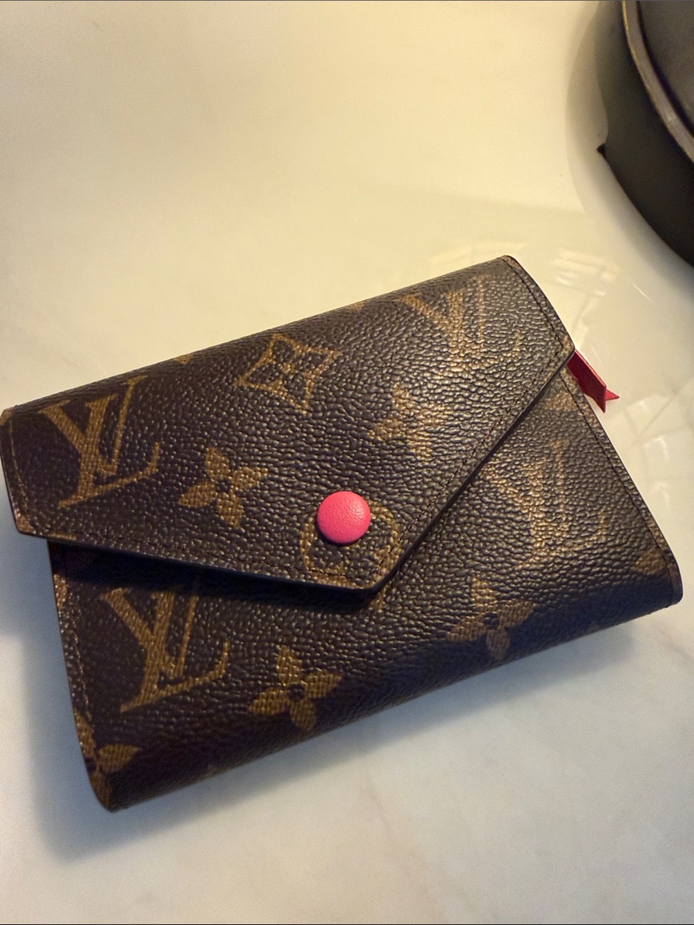 Louis Vuitton Monogram Compact Wallet in Brown with Pink Snap- pink